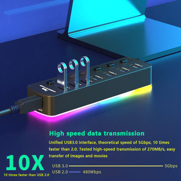 RGB USB 3.0 Hub 7 Porter Dataport Adapter 5Gbps High Speed ​​Indi USB