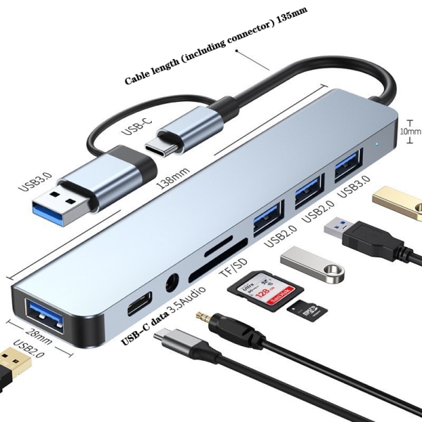 8-IN-2 USB HUB 3.0 Type-C OTG-sovittimen telakointiasema 5Gbps High S 7 in 1