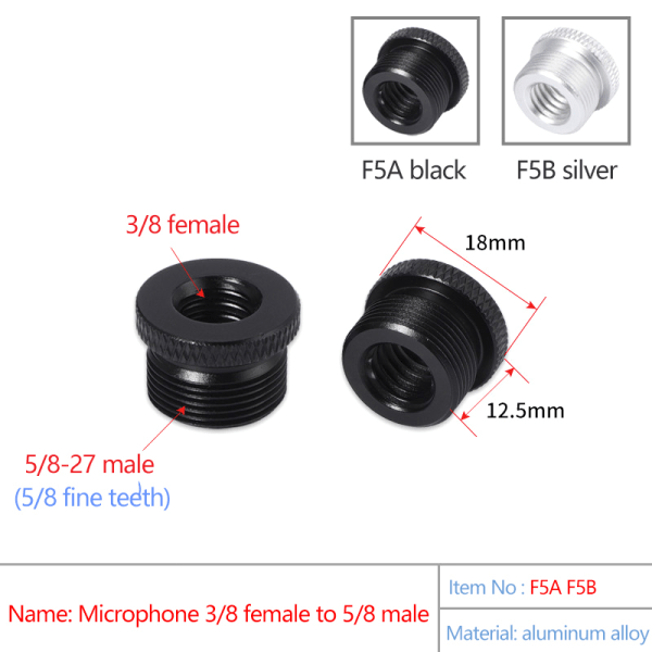 Mikrofonitelineen muunnosruuvit 3/8 naarasruuvit 5/8 urosruuviksi Black