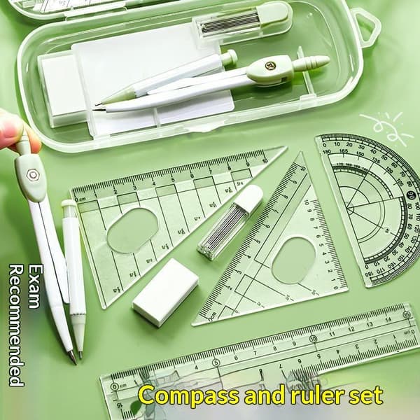 3/8 st plastlinjal kompasser set suddgummi mätlinjal rak Green 8pcs