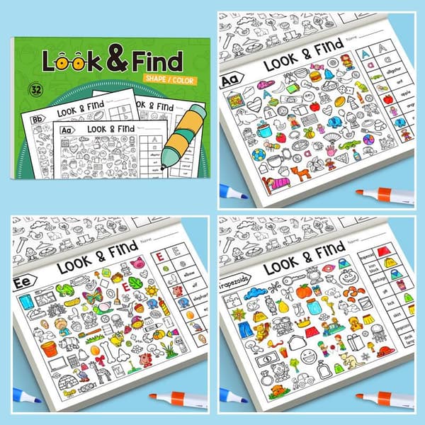 1 sæt Look & Find visuel puslespilsbog til børn med farve og form A2