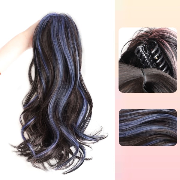 Syntetisk Claw Clip Hästsvans Hårförlängning Kort Curly Natura Highlights blue