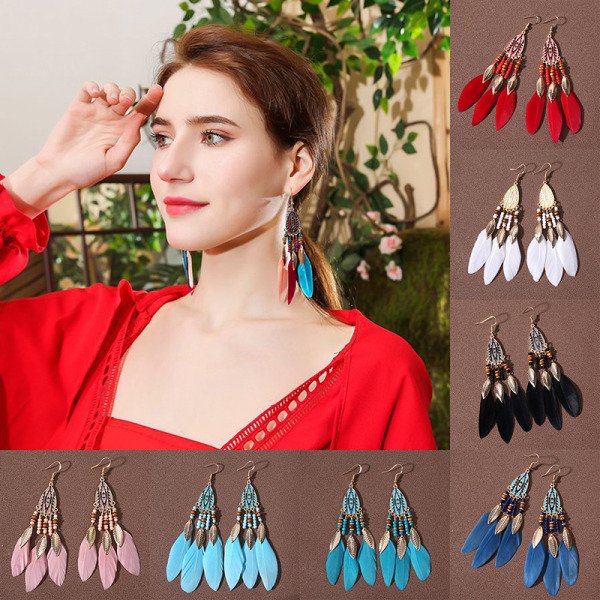 Sommer Bohemian Long Feather Dangle Øreringe Til Kvinder Beach Ta red