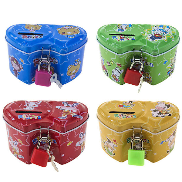 e Cartoon Square Tin Metal Piggy Bank Sparing Kontanter Mynt Penger Bo Double heart