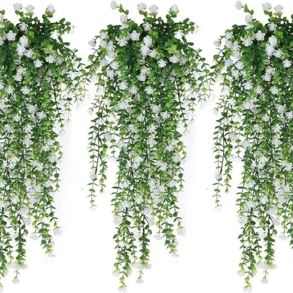 2 stk. kunstige hængeblomster med eukalyptusblade grønnere A4