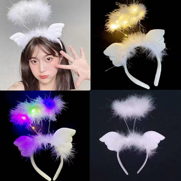 LED Angel Halo Pannband Feather Wreath Hårband Party Cosplay F