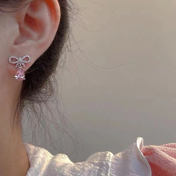 Elegant utsökt rosa zirkon hjärta rosett örhängen romantiska A