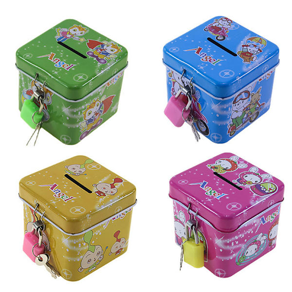 e Cartoon Square Tin Metal Piggy Bank Sparing Kontanter Mynt Penger Bo Double heart