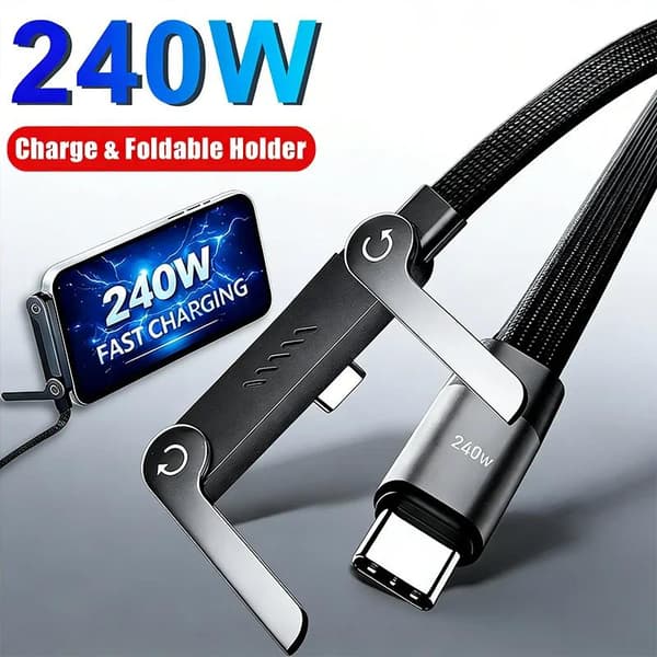 240W USB C snabbladdningskabel med inbyggt vikbart telefonstativ A1
