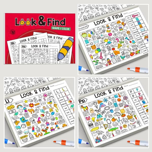 1 sæt Look & Find visuel puslespilsbog til børn med farve og form A2