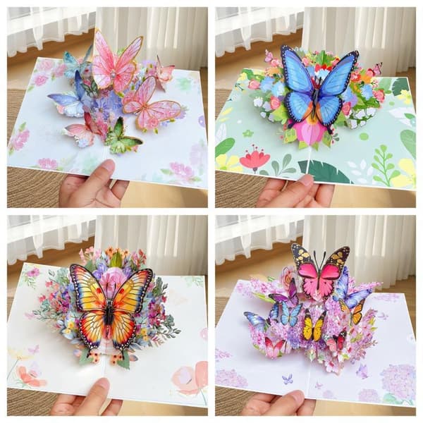 3D Fold Ud Sommerfugl Blomst Lykønskningskort Håndlavede Farvekort A32