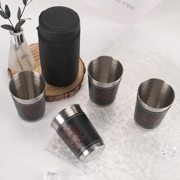 4 st/set resemuggar i rostfritt stål med läder för kaffe och vin 70ML