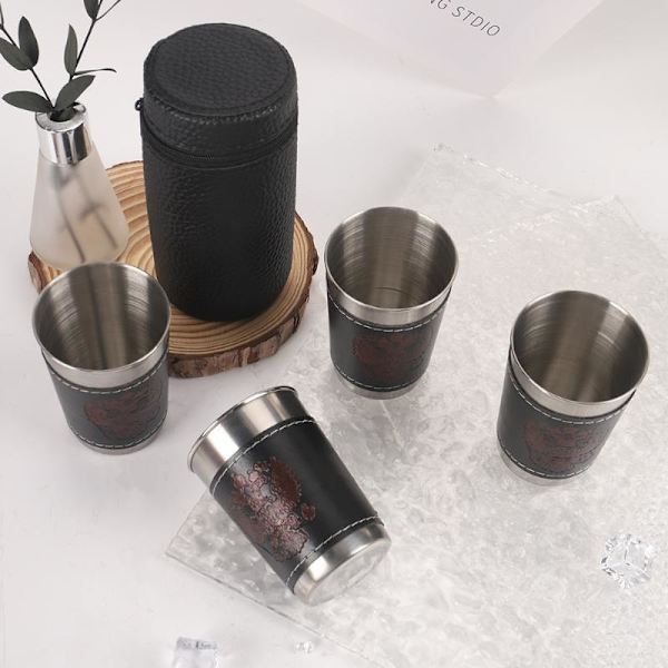 4 stk/sett reisekopper i rustfritt stål med lær til kaffe og vin 70ML