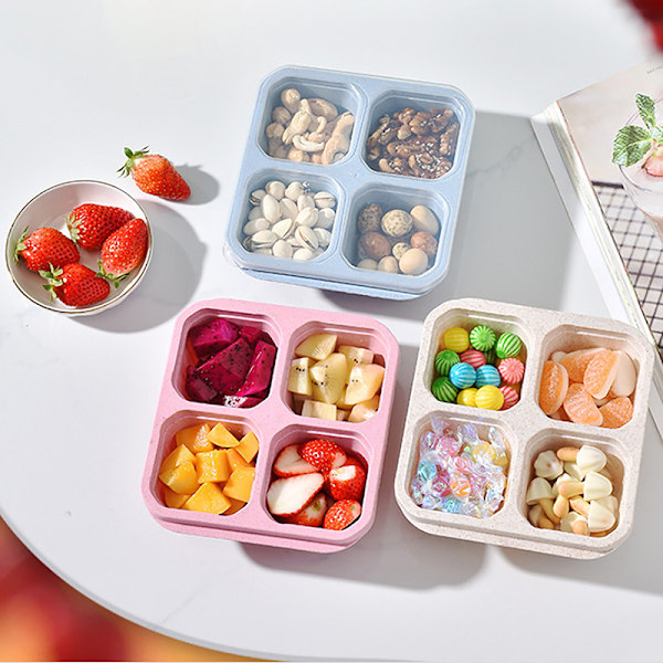 Snack Box Hvedestrå Beholder Med Låg 4-Fags Til Dess Beige