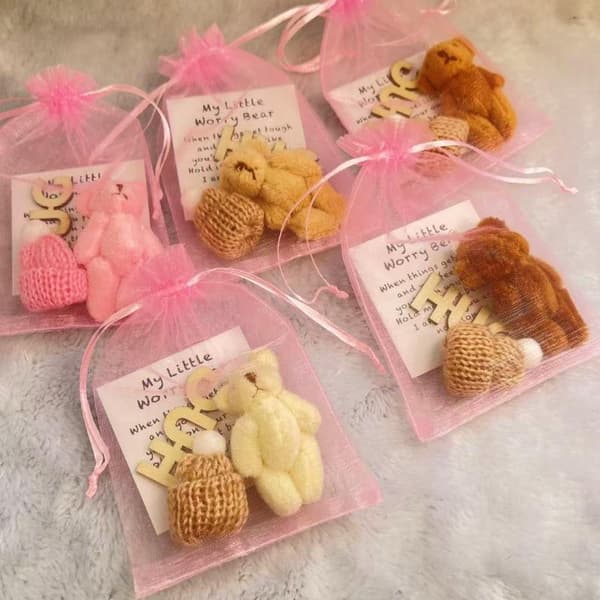1 sett lommeklem bamse med nettingpose Mini positiv stu Pink