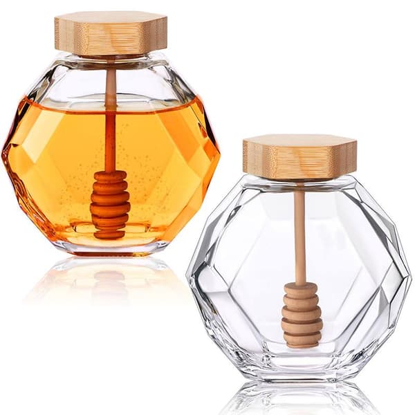 Honungsburk Hexagonal Glas Honungsflaska Med Träomrörare 500g