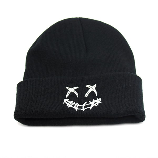 Kvinder Mænd Strikket Hue Vinter Hip Hop Varm Blød Beanie Smiley Fa Black2