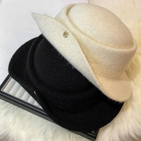 Fransk Hepburn-stil Elegant Sort Høj Hat Efterår Vinter Rullet Beige