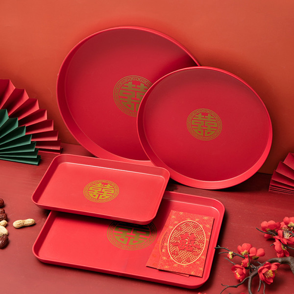 Ny traditionel rød Xi-bakke Plast-tebakke Bryllupstoast Tra 35.2*25.2CM-Square