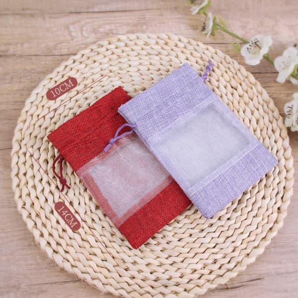 2 stk. gaveposer med snoretræk, organza-vindue, jute, hessian, bryllup A5