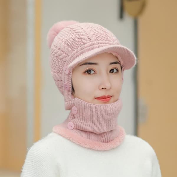 Dame Tykk Varm Strikket Pullover Lue Vinter Ensfarget Pink