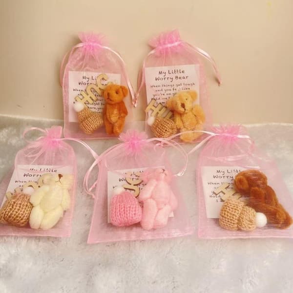 1 sett lommeklem bamse med nettingpose Mini positiv stu Pink