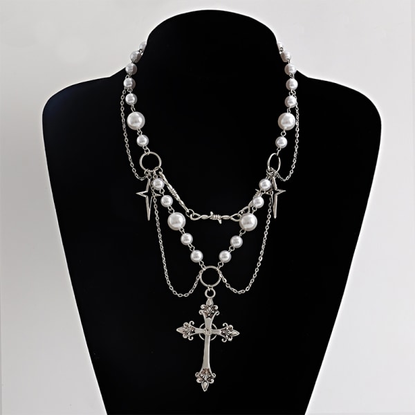 Vintage gotisk kors rosenkrans halskjede med kjede perle perler La A3