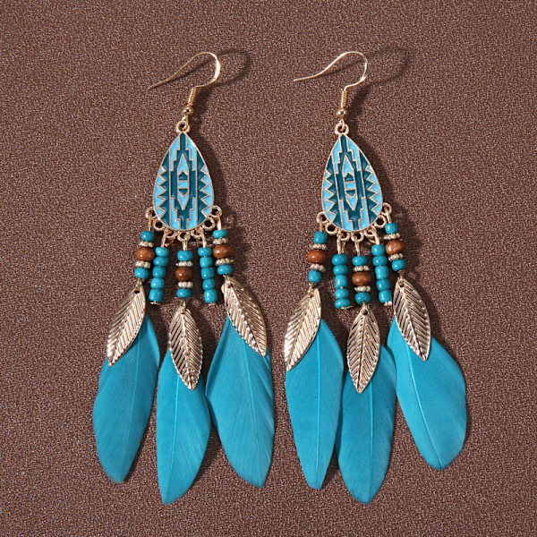 Summer Bohemian Long Feather Dangle korvakorut naisille Beach Ta lake blue