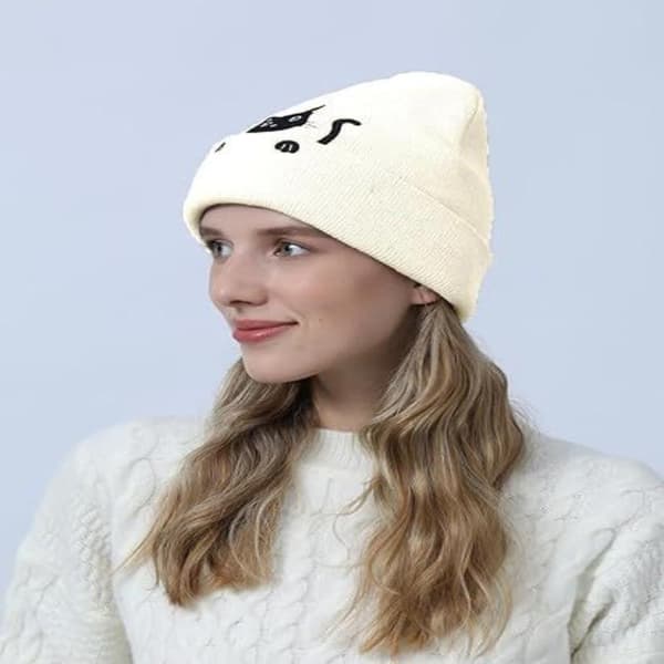 Vinter Kvinne Katt Brodert Lue e Katt Akryl Strikket Lue Dark gray