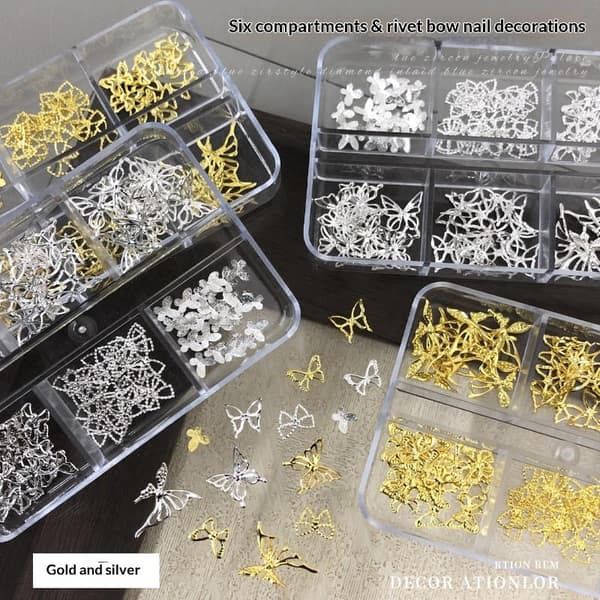 6 Gitre Metal Sløjfe Udhulet Neglekunst Charm Guld Sølv 3D Negl Silver