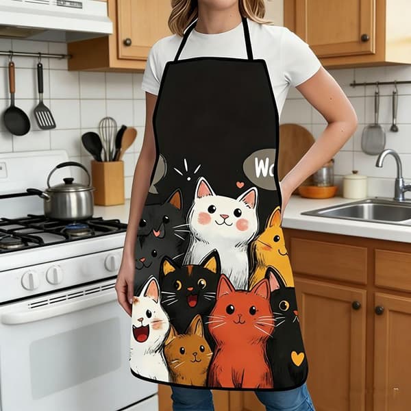 e Cat Mønster Polyester Forkle Levende Tegneserie Katter Med Hjerter Black