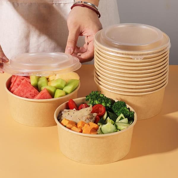 Engångs runda kraftpappersskålar sallad med lock takeaway Str A2