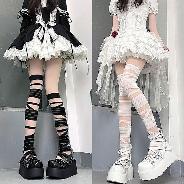 Kvinder Bandage Stripe Langstrømper Kvinde Lolita Jk Y2k Sexet White