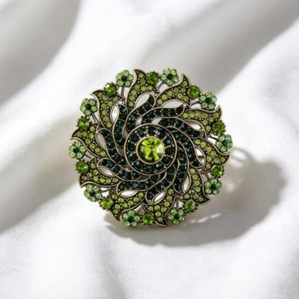Antikk Bronse Brosje Glitrende Grønn Rhinestone Blomsterdesign A1