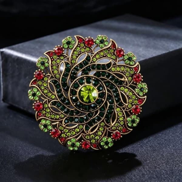 Antikk Bronse Brosje Glitrende Grønn Rhinestone Blomsterdesign A1