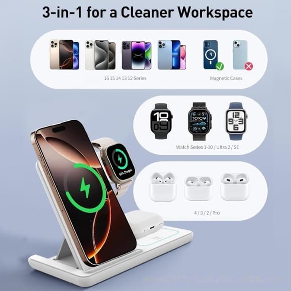 Tre-i-én Magnetisk Trådløs Opladningsbase Til Telefoner/Ure A1
