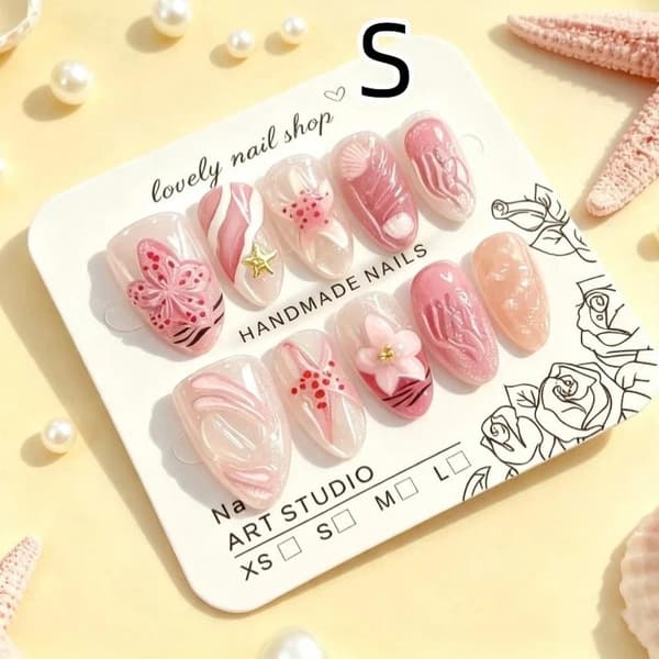 10 stk rosa press-on negler med 3D havstjerne- og skjelldesign S B