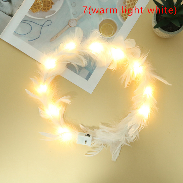 LED Feather Wreath Crown Light-Up Luminous Hodeplagg for jenter 7(warm light white)