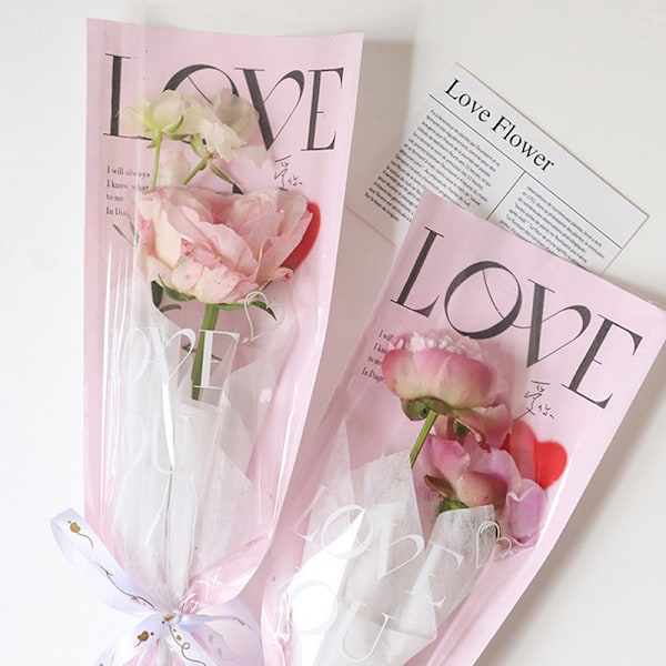 20 st LOVE Transparent Rose Single Bag Bukett Förpackningspåsar Beige