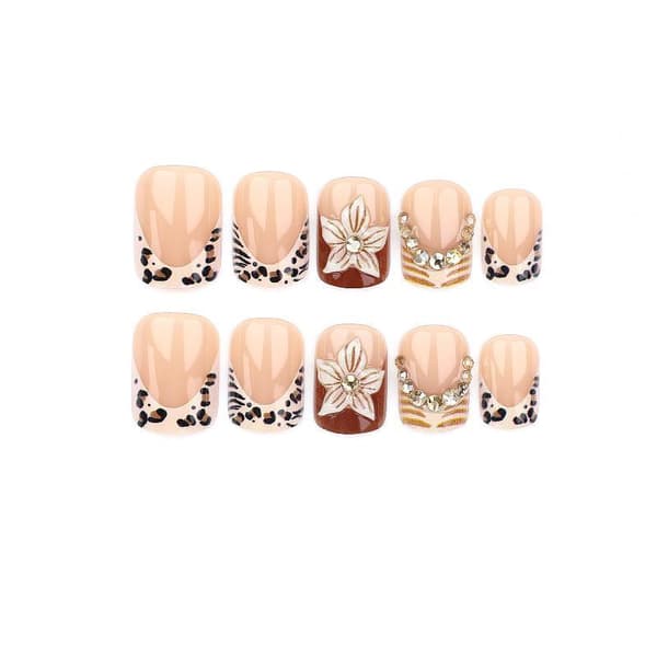 24PCS Ankfötter Press On Nails Med 3D Blommig Leopardtryck Gol