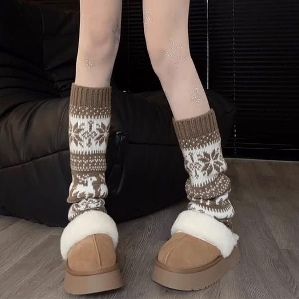 1 par damesokker høst vinter retro snøfnuggsokker varme strikkede Khaki