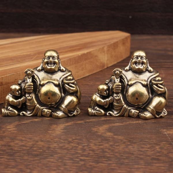 Antik Koppar Maitreya Buddha Staty Liten Skrivbords Mässingsprydnad 1PC