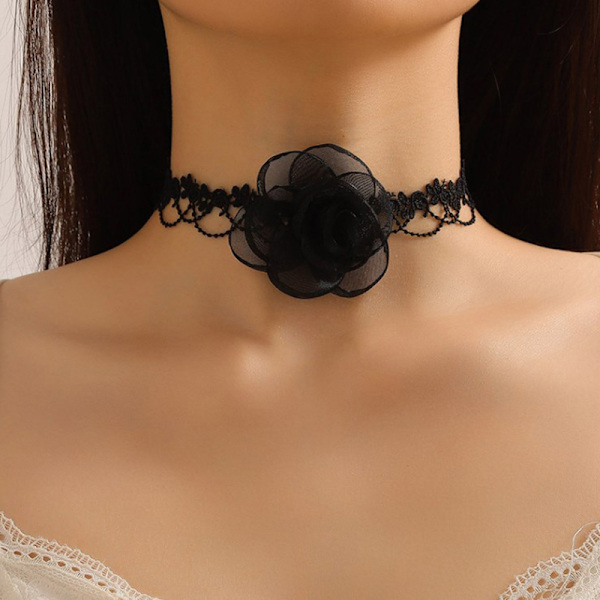 Fairy Style Temperament Sort Camellia Choker Langt bånd Vinta A2