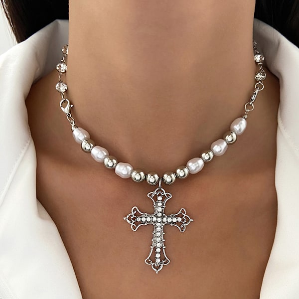 Fashion Retro perlehalskæde Christian Cross Clavicle Chain Swe A1
