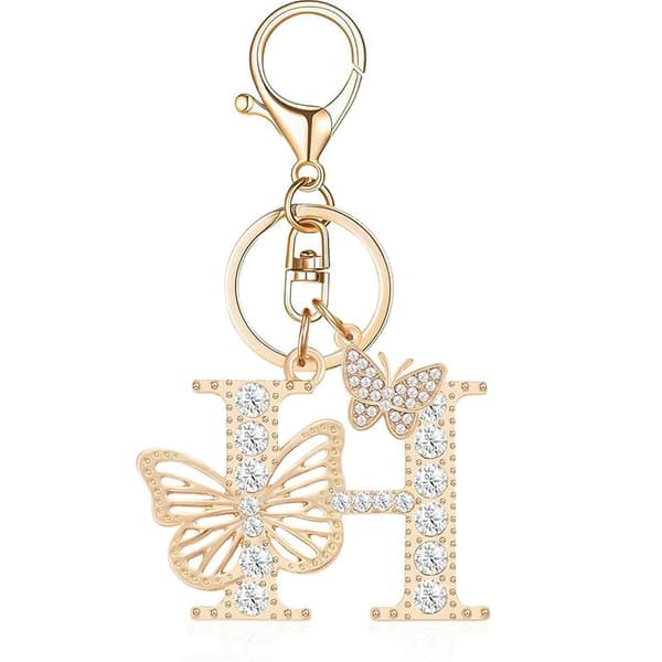 Nyckelring med stora bokstäver, initialer A-Z, fjäril, strass H