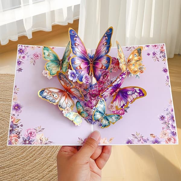 3D Fold Ud Sommerfugl Blomst Lykønskningskort Håndlavede Farvekort A16
