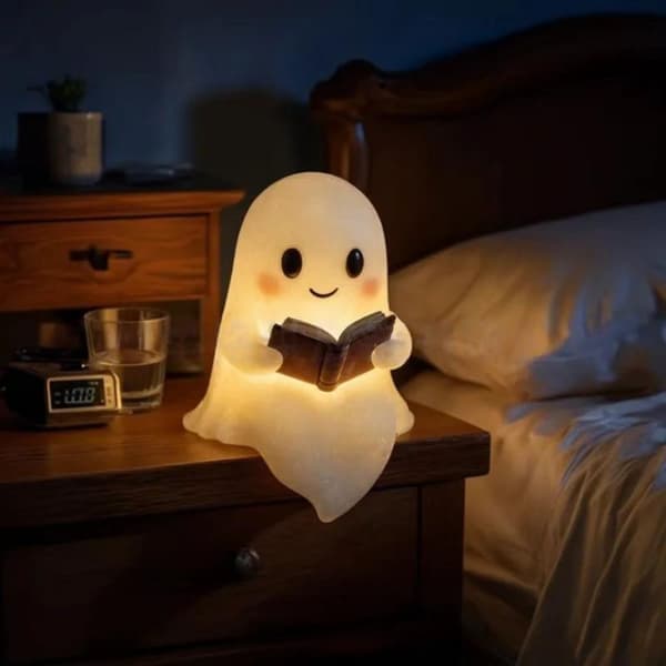 Halloween festdekorationer og lille spøgelse, der læser en bog A1