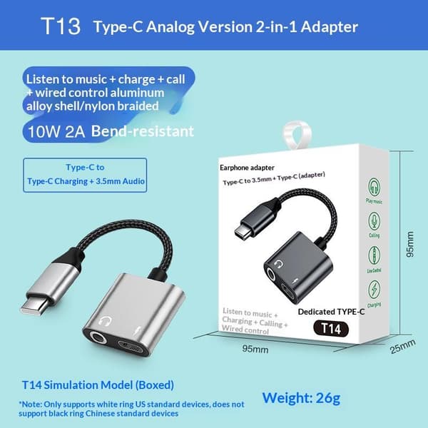 1 stk 2-i-1 Type-C til 3,5 mm AUX-lydadapter USB C hodetelefonlading A7