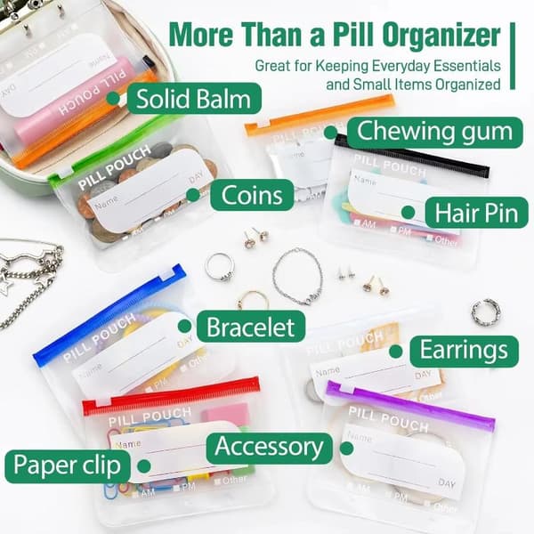 14-pose pilleorganisator med ringbind med farvekodede individuelle poser Green