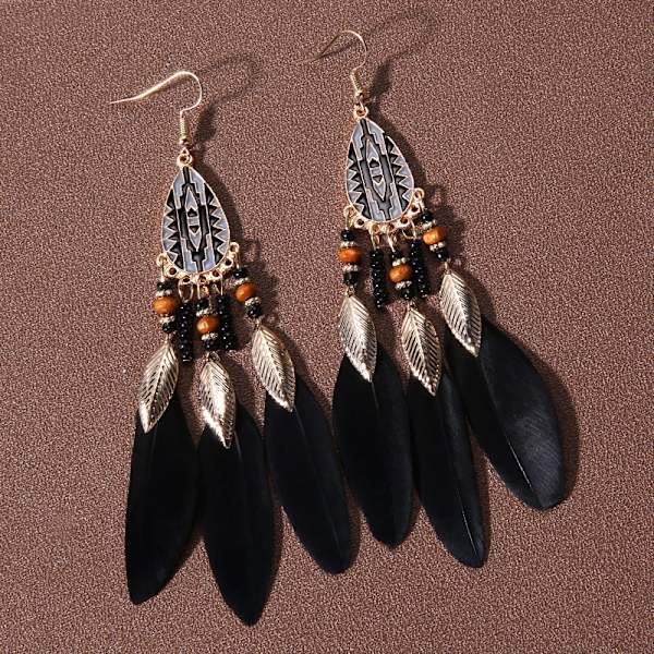Summer Bohemian Long Feather Dangle Örhängen För Kvinnor Beach Ta black